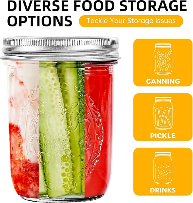 Miuyhji Mason Jars 16 oz with Lids, 12Pcs Wide Mouth Glass Canning Jars with Airtight Lids and Bands, Overnight Oats Containers for Pickling, Freezing, Preserving, Meal Prep, Jar Décor
