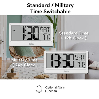 Baldr Digital Clock with Bluetooth Auto Time Sync, No App Required, Large Display Non-Backlit Desktop Alarm Clock, Battery Operated, Temperature & Weekday, Wall or Desk Clock for Home Office, White