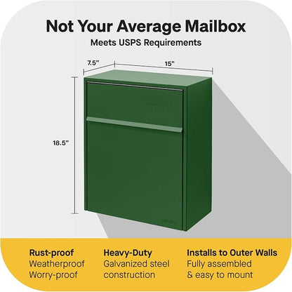 Adoorn Lockable Wall Mount Mailboxes for Outside - Large Anti-Theft Locking Mailbox for Letters - Weatherproof Construction - Durable Steel - 18.5" H x 15" L x 7.5" D - Forest Green