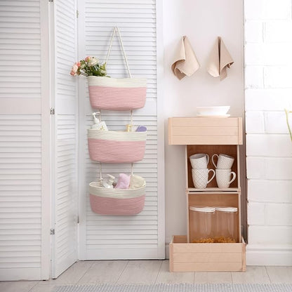 TeoKJ Over the Door Organizer, 3-Tier Woven Cotton Hanging Kitchen Baskets