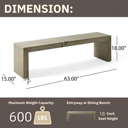 Merax 63 Inch Wood Dining Bench, Solid Acacia Wood Entryway Bench, Wooden Farmhouse Bench for Dinner Table, Kitchen, Bedroom, Living Room, Plants, Easy Assembly, Grey+Taupe