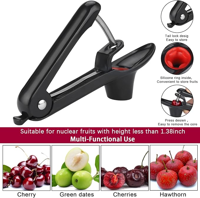 Cherry Pitter, Heavy-Duty Olive and Cherry Pitters Corer Tool with Space-Saving Lock Design, Multi-Function Cherries Stoner Seed Remover Tool for Making Cherry Jam (Black)
