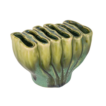 Creative Co-Op Stoneware Sculptural Vase with 6 Sections with Reactive Glaze, Green