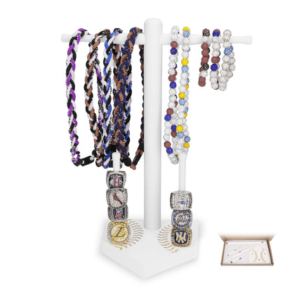 Baseball Ring Display Holder for Championship Rings, Wooden Sports Jewelry Organizer with Bat Stand for Baseball Softball Players, Athlete Gift Display Case for Rings Bracelets Medals, White
