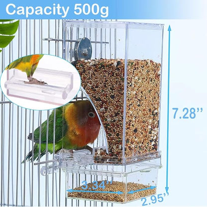 Bird Parrot Feeders, No Mess Automatic Cage Feeder Dispenser Food Container, Auto Bird Seed Bowl for Small Medium Birds, Cockatiel Canary Cockatoos Parakeet Conure Lovebird, Acrylic Clear (Feeder)