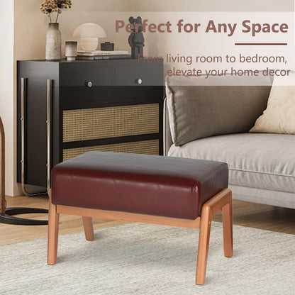 ACONUP Foot Stool, Leatherette Wooden Step Stool, Modern Rectangle Ottoman Wide Vanity Stool with Cushion for Couch Living Room Bedroom Entryway, Brown