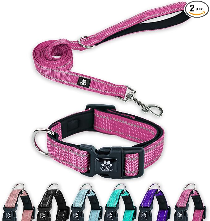 FURRYFECTION Reflective Dog Collar and Leash Set With Quick Release Buckle, Padded Neoprene Adjustable Nylon for Small Medium and Large Dogs (Small Collar+5FT Leash, Hot Pink)
