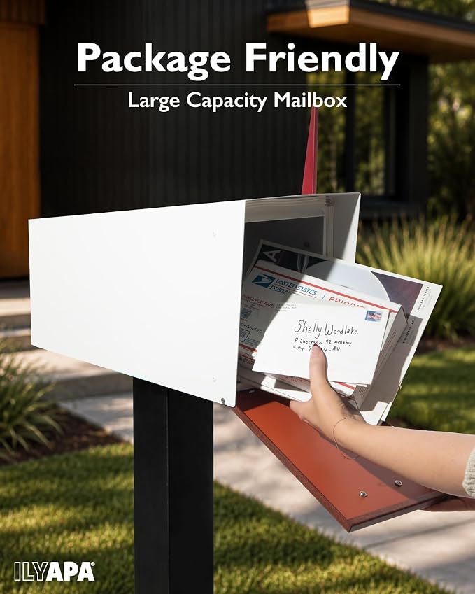 Ilyapa Modern Mailbox with Angle Design Post Mount - White Powder Coated Metal Mailbox with Wood Door - Waterproof for Parcels, Magnetic Close Door