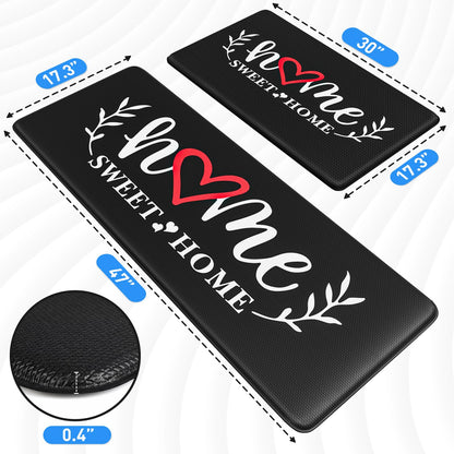 HappyTrends Kitchen Mat for Floor, 2PCS Cushioned Anti-Fatigue Kitchen Rugs, Waterproof Non-Slip Standing Mats and Rugs Set for Kitchen, Office, Laundry, Black, 17.3"×30"+17.3"×47"