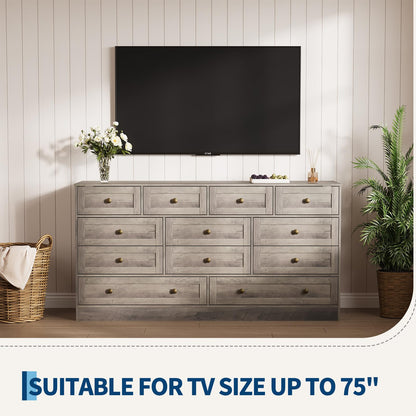 GarveeHome 12 Drawer Wooden Dressers for Bedroom, Wood TV Stand Dresser for 65 Inch TV, Modern Wood Chest of Drawers Clothes Storage Organizer for Living Room, Closet, Hallway, 61" L × 15.75" W