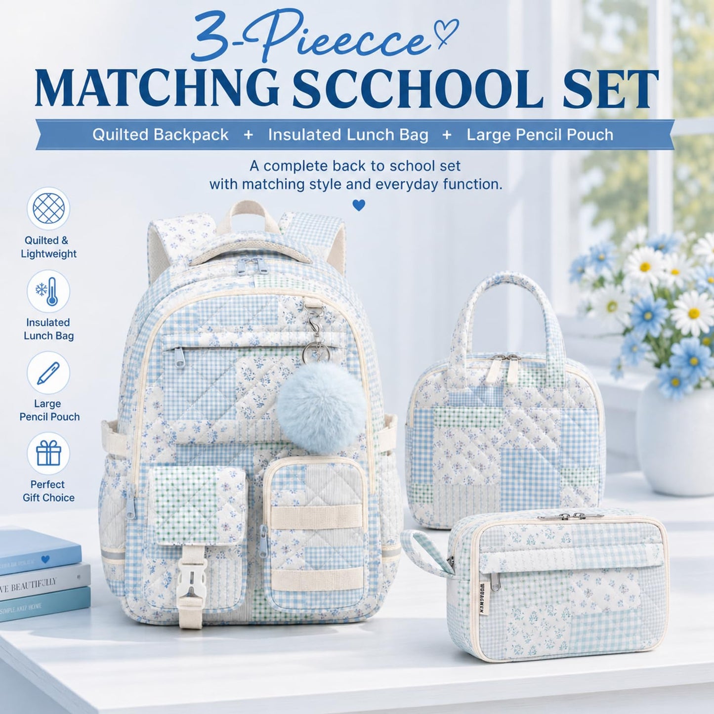 WOBAGMEN 3Pcs Quilted Backpack Set For Girls, Cute Floral School Backpack with Insulated Lunch Bag & Pencil Case, Aesthetic Bookbag Set For Teens College Students, Back To School（Green Blue Patchwork）