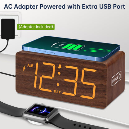 DreamSky Wooden Digital Alarm Clock with Wireless Charging for Bedroom