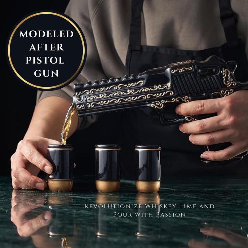 Gifts for Men Dad Hand Painted Gun Whiskey Decanter Set & Shot Glass - Black & Gold & 3 Bullet Shots - Unique Birthday Christmas Gift for Brother, Cool Anniversary Present Him Husband, Pistol Liquor