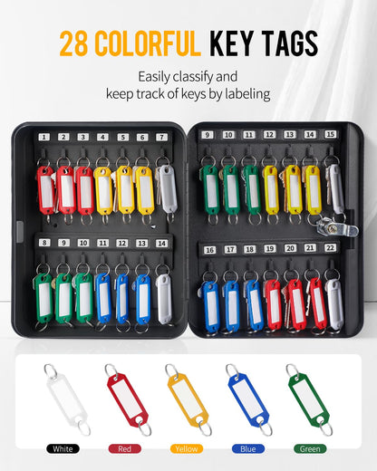 Uniclife Steel Key Cabinet Wall Mounted Organizer - 28 Keys, 2 Unlocking Keys - Black Frosted Security Box with Hooks and Color-Coded Labels