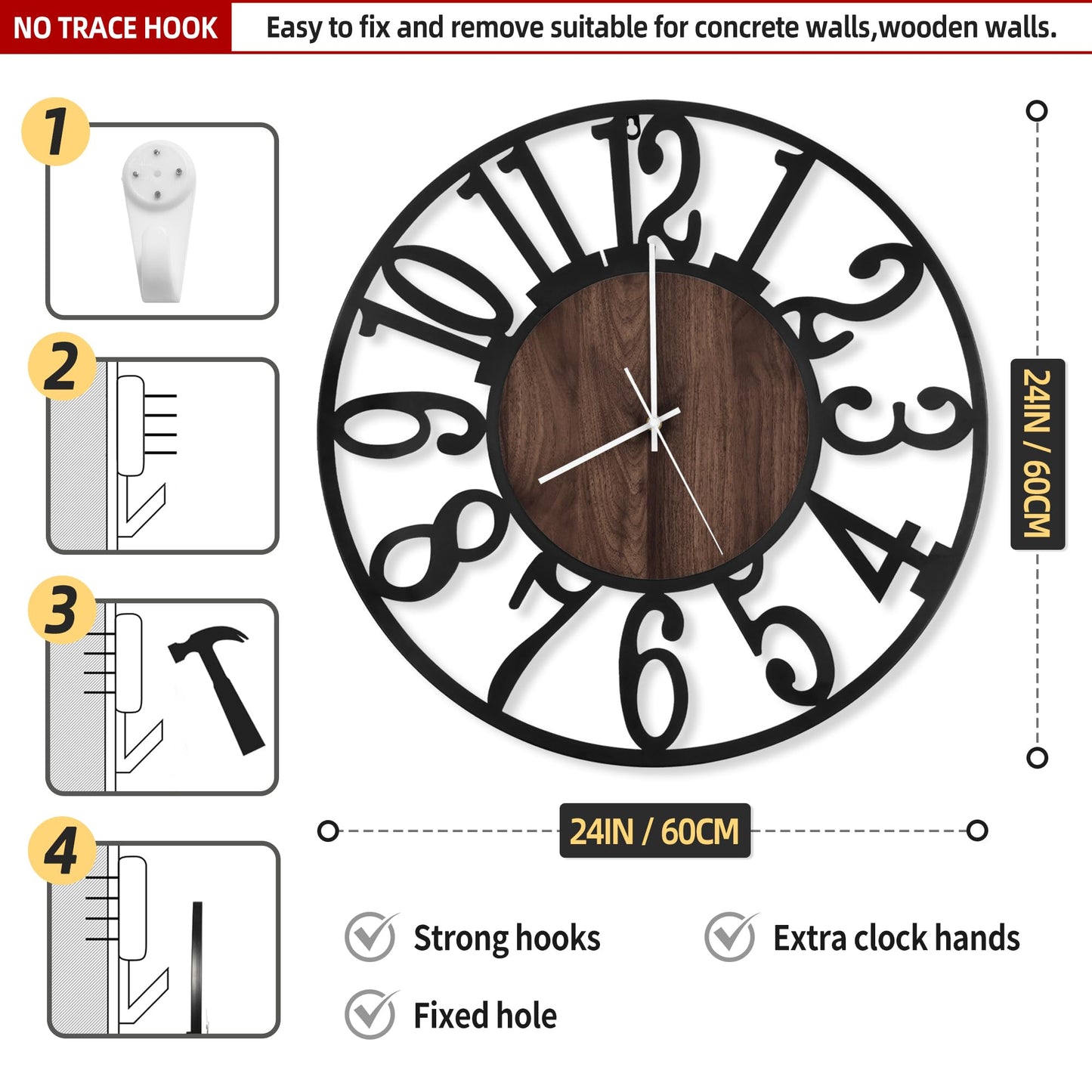 LEIKE Large Wall Clocks with Night Light Battery Operated,Silent Non Ticking,Rustic Modern Big Wood Clock for Living Room, Bedroom,Kitchen,Farmhouse,Office,Home Decor-24 Inch(Black-Arabic Number)