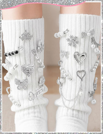 RQAYE 268pcs Silver Junk Socks Charms Kit,Shoe Charms for Sneakers, Brooches and Pins for Women, Pearl and Rhinestone Sock Charm with Safety Pins,DIY Accessories for Personalizing Socks