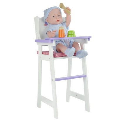 Olivia's Little World Little Princess Baby Dolls High Chair with Fixed Tray and Pink Polka Dot Cushion, White/Purple