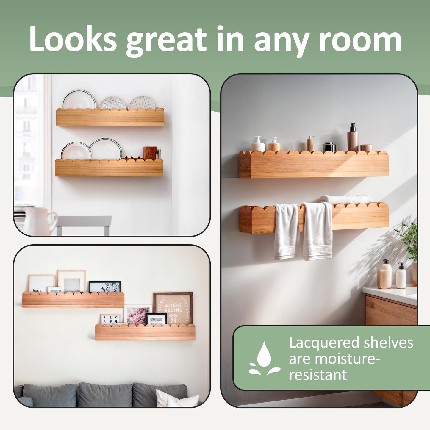 Green Goods Supply Scalloped Shelves - Set of 2 Pre-Assembled 15.6inch Floating Nursery Book Shelves, Scalloped Book Shelf - Kids Wall Bookshelf, Nursery Decor, Floating Shelves for Wall
