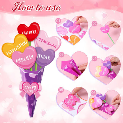 Funrous 48 Set Christian Mother's Day Crafts Kit Heart Sunday School Bible Flower Bouquet Making Kit DIY God is Love Flowers Paper Crafts for Religious Mother's Day Party Activity Gift Project