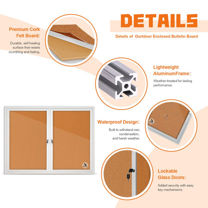 Outdoor Enclosed Cork Bulletin Board 44x32 Inch, Double Door Lockable Wall-Mounted Weatherproof Display Case, Tamperproof Notice Memo Poster Board with Aluminum Frame for Office, School, Community