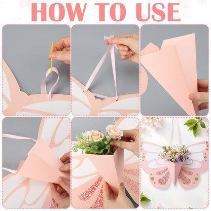 Tenceur 6 Pcs Flower Gift Bags DIY Butterfly Flower Bouquet Bags with Ribbon Pink Butterfly Shape Floral Wrapping Paper for Summer Birthday Wedding DIY Gift Bouquet Wrapping Party Supplies