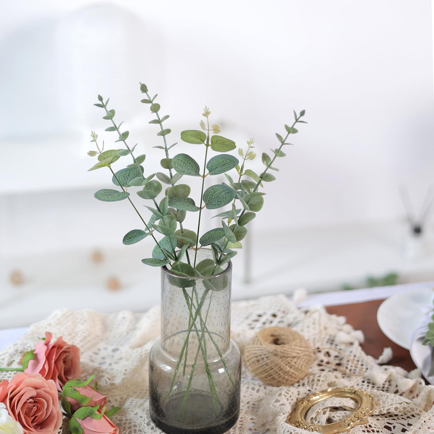 110 Pcs 7 Kinds Mixed Artificial Eucalyptus Stems and Faux Flowers,Fake Silver Dollar Eucalyptus Leaves Stems Bulk Soft Textured Leaf Branches for DIY Bouquets Floral Arrangement Wedding Home Decor