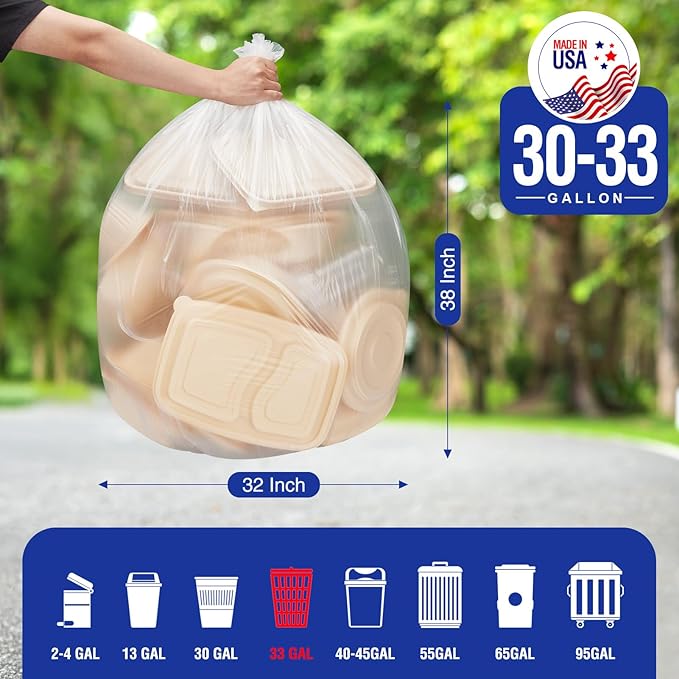 Delxo 30-33 Gallon Clear Trash Bags, Durable & Puncture-Resistant Plastic