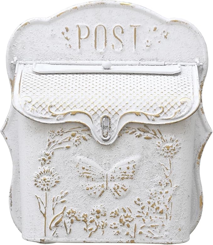 Mailbox Wall Mount Mailboxes for Outside Vintage Mail Boxes for House Outside Metal Drop Box Antique Style Nostalgic Charm Home Decorative, Butterfly Pattern, White