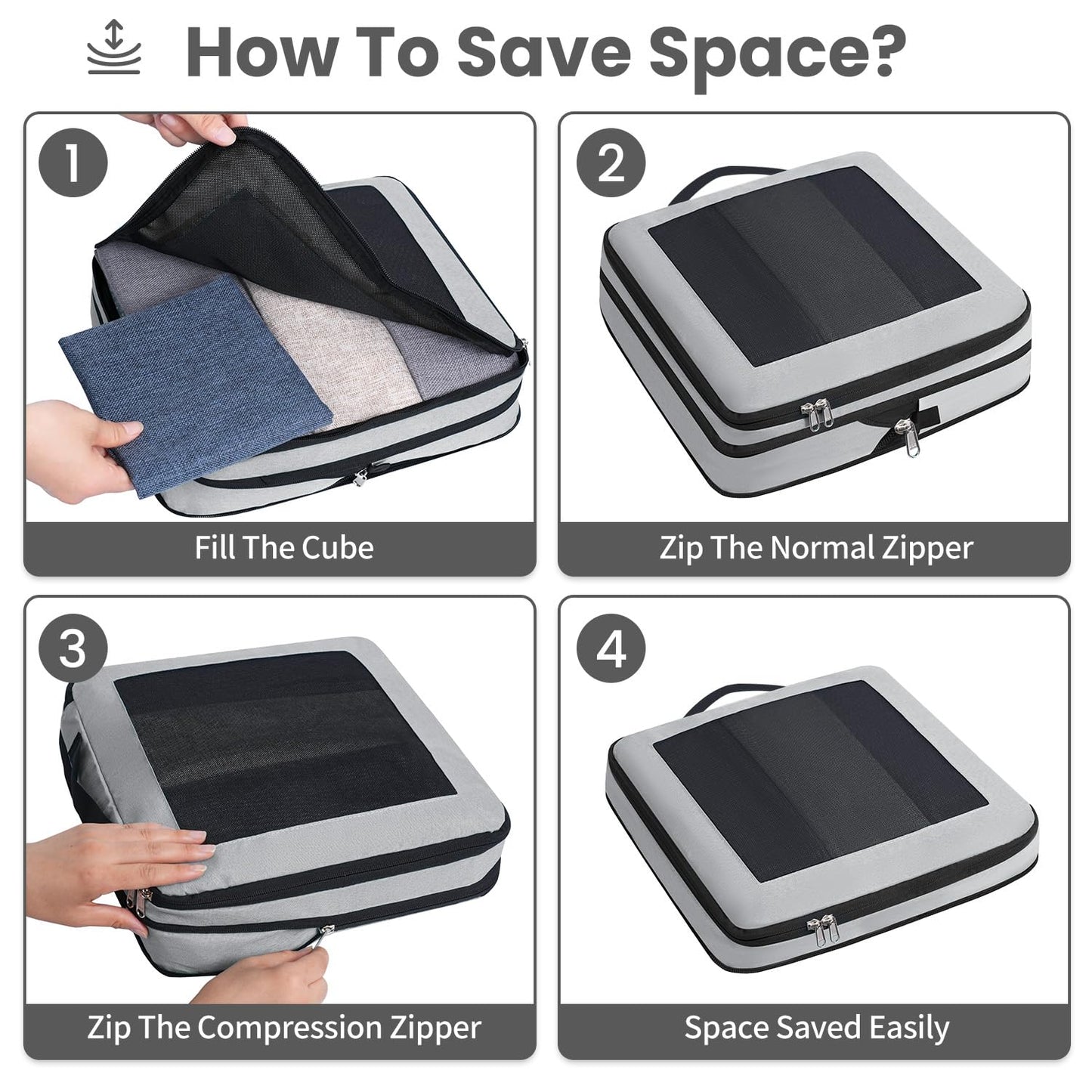 Prezon 8 Set/6 Set/4 Set Compression Packing Cubes for Travel, Lightweight Vacation Travel Essentials, Accessories for Suitcase Organizer Bags Set, Durable Luggage Organizer（8-Square-pewter）