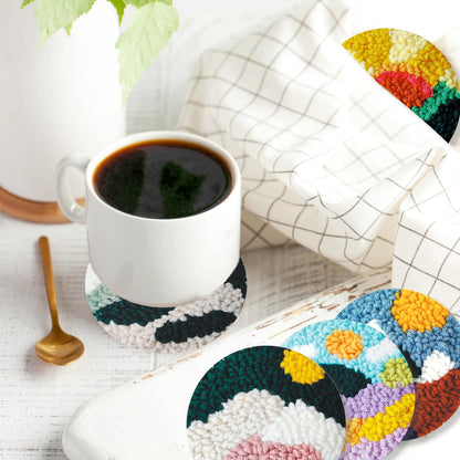 Soleeya 8-Piece Punch Needle Coaster Kit for Adults Beginners | DIY Landscape Patterns with Yarn, Hoop, Needle | Relaxing Rug Tufting Embroidery Craft Gift