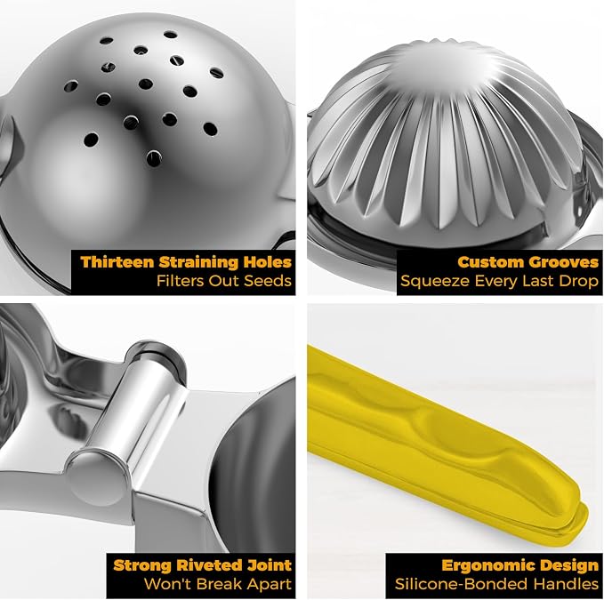 Lemon Squeezer Stainless Steel - Premium Quality, Heavy Duty Solid Metal Squeezer Bowl - Large Manual Citrus Press Juicer and Lime Squeezer (Yellow)