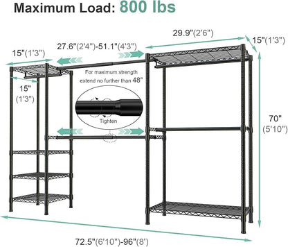SEMHOR E01 Expandable Heavy Duty Clothes Rack, Free Standing Closet System Organizer, Adjustable Portable Carbon Steel Garment & Clothing Racks for Hanging Clothes (72.5-96"), 800LBS Max Load, Black