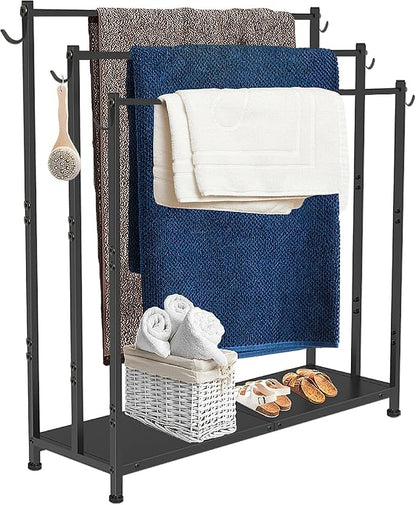 Extra Large Free Standing Towel Rack with Metal Storage Shelf & 6 Hooks for Bathroom, 3 Tiers Heavy Duty Blanket Drying Stand Holder for Outdoor Pool, Bedroom, Living Room, Black