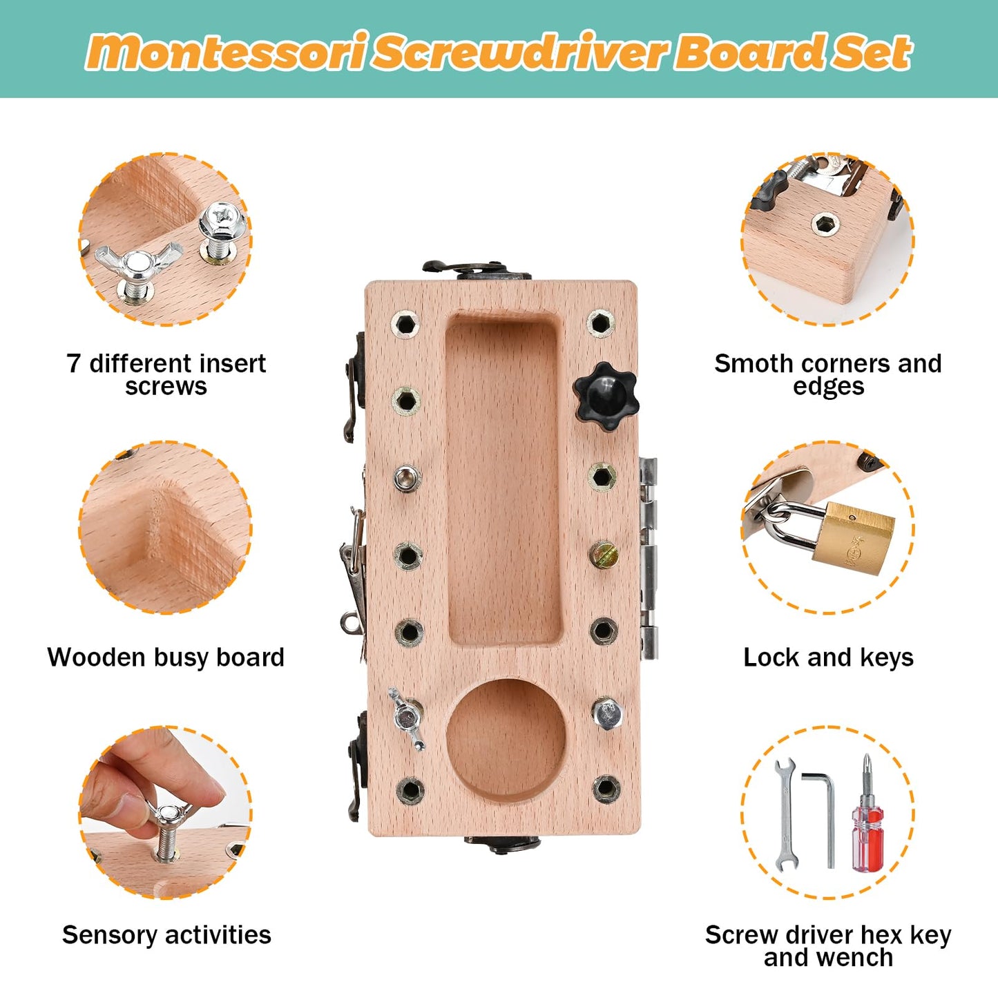 WoodTrove Montessori Screwdriver Board Set with Lock and Key, Montessori Toys for 3 4 5 Year Old, Wooden Screw Driver Activities Tools, Fine Motor Skills Preschool Learning Sensory Toy