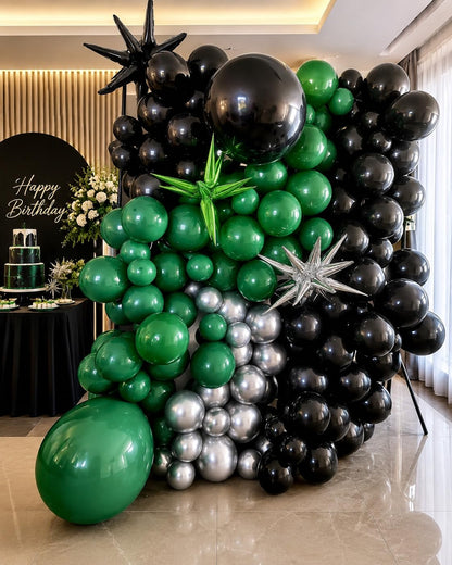 Black Green Balloon Garland,BTZO Balloons Arch Kit With Metallic Silver Confetti Balloon,Black and Green Balloons for Birthday Wedding Bridal Shower Graduations Party Decorations