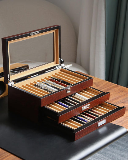 Besforu Wood Pen Display case 36 Slot Fountain Pen Box Storage Organizer with Drawer, Top Glass Window Pen Collection Display Case