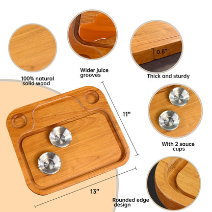 MAVOTER Wooden Steak Plates include 2 Sauce Cups, Wood Steak Board Set Serving Tray for Food Meat Cutting Board with Juice Groove, Charcuterie Board Platter for Home