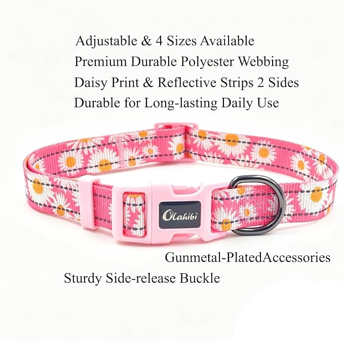 Dog Collar Leash Set, Floral Pattern, with Safety Reflective Strips, 5 ft Matching Leash, Neoprene Padded Handle, Adjustable 4 Sizes for Small Medium Large Dogs.(L, Pink Daisy)