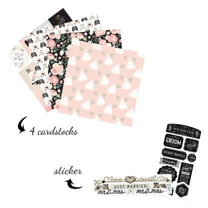 Wedding Scrapbook Paper 12x12 Inch Cardstock - Double Sided Wedding Theme Paper, Stickers for Scrapbooking, Planner, Anniversary Album, Photo Book - Cute Crafting Kit, Total 6 Items