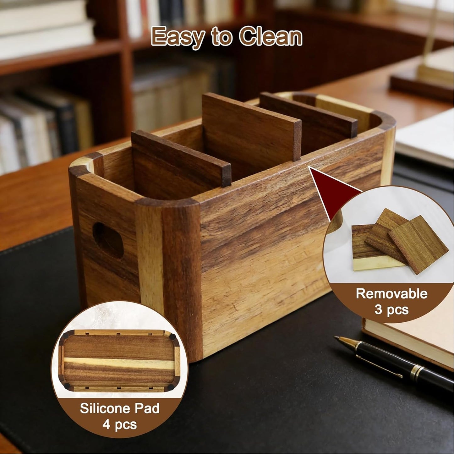 LEEBICHEN Acacia Wood Remote Control Holder, TV Remote Holder - 4 Compartment Remote Control Storage Organizer, Small Wooden Desktop Caddy for Coffee Table, Nightstand, Living Room, Office, Vanity