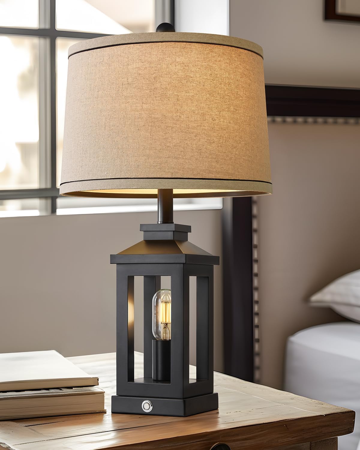 G-SAFAVA 23.75" Retro Farmhouse Black Table Lamp for Living Room Bedroom Nightstand Single Pack Touch Control Bedside Nightlight Vintage Modern Lamp with USB C+A Ports and 2 Light Sources