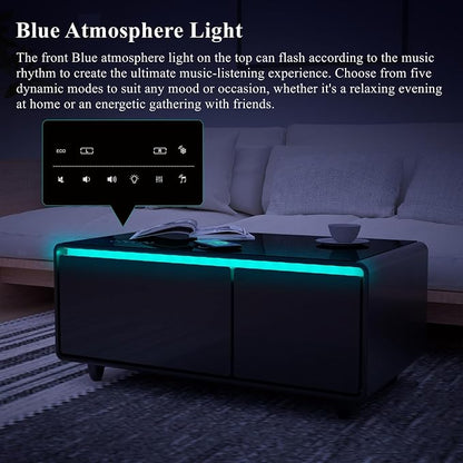 Smart Coffee Table with Fridge and Bluetooth Speakers, Smart Refrigerator Table with 15W Wireless Charger, Touch Control Panel, USB Port, Atmosphere Light and More, LT90 Pro-Black