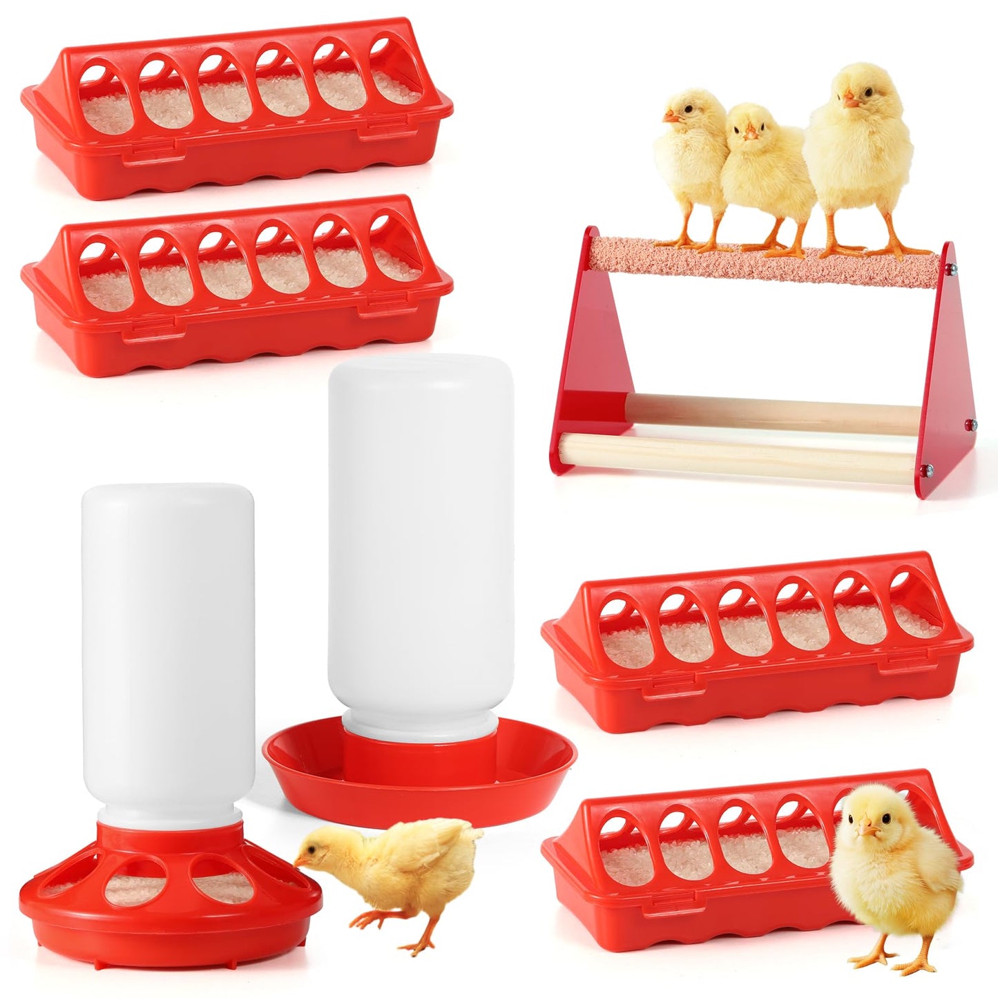 7PCS Chick Feeder and Waterer Kit with Wooden Perch,Baby Poultry Starter Set with Chick Perch for Small Poultry Chicks Ducks Quail Pigeons Birds(Red Chick Feeder Waterer Kit)