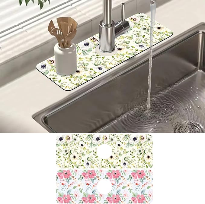 2 Pack Watercolor Floral Sink Faucet Absorbing Mat White Pink Flowers Super