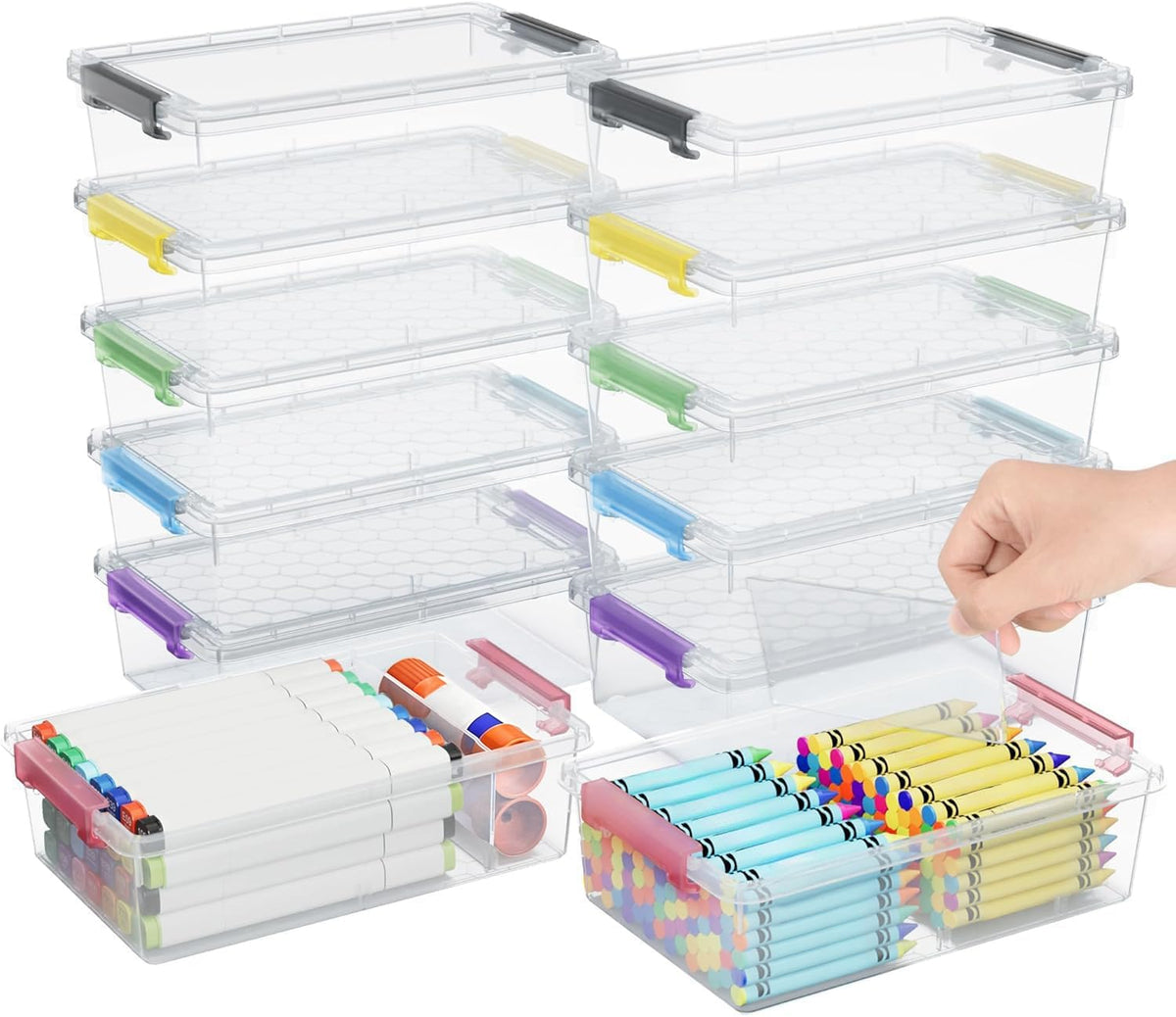 GEOPHIA 12 Pack Extra Large Pencil Box with Removable Divider, Thickened Pencil Case Bulk, Clear Crayon Marker Organizer Stackable Plastic Small Storage Containers for Pen Craft School Supplies, Multi
