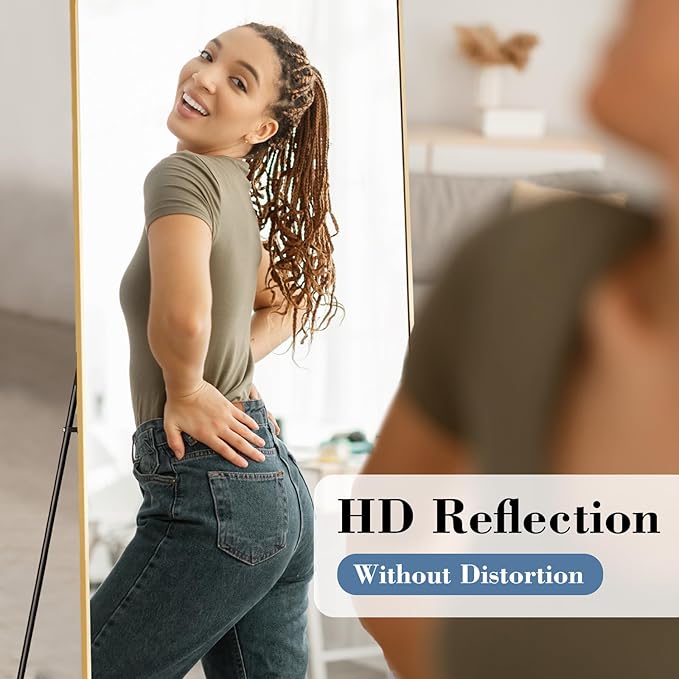 NEWBULIG Mirror Full Length, 68"x26" Body Wall Mirrors with Shatter-Proof Glass, Upgraded Floor Standing Mirror, Hanging or Leaning, with Stand Aluminum Alloy Frame for Home Decor, Bedroom, Gold
