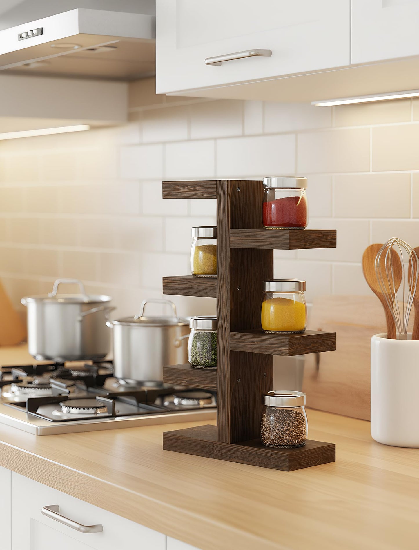 NiHome Coffee Mug Shelf Organizer - Vintage Distressed Wood Countertop Coffee Cup Holder, Holds 7 Mugs, Sturdy Mug Rack with Non-Slip Feet, Mugs Display Shelf, Curio Shelf, Knick Knack Shelf