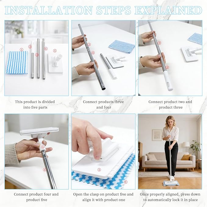 Snap Grip Mini Mop, Zero Touch MiniMop, Disposable Clip Mopstick Reusable Cloths