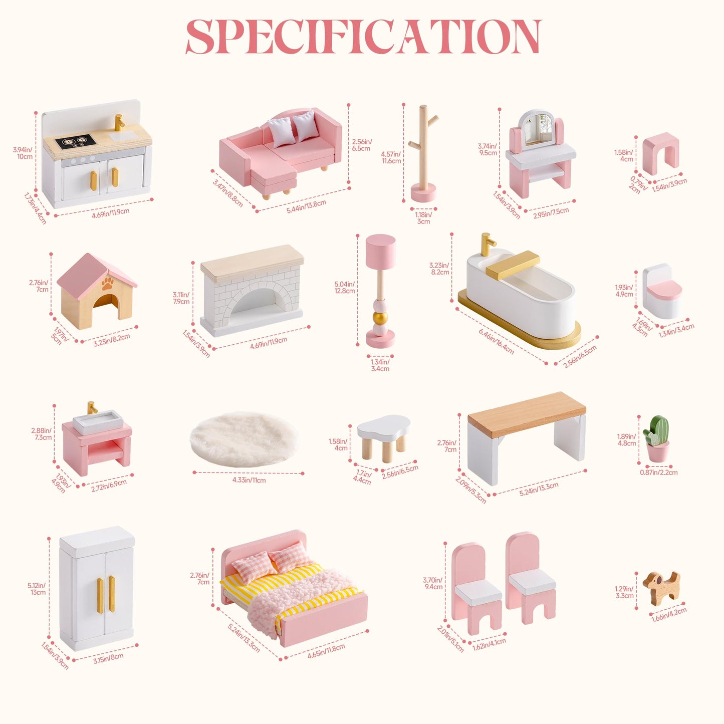 ROBOTIME Wooden Dollhouse Furniture Set, 28 PCS Miniature Dollhouse Furniture with 6 Room Kits, Dollhouse Accessories and Pretend Play Furniture, Gift for Boys and Girls Ages 3+