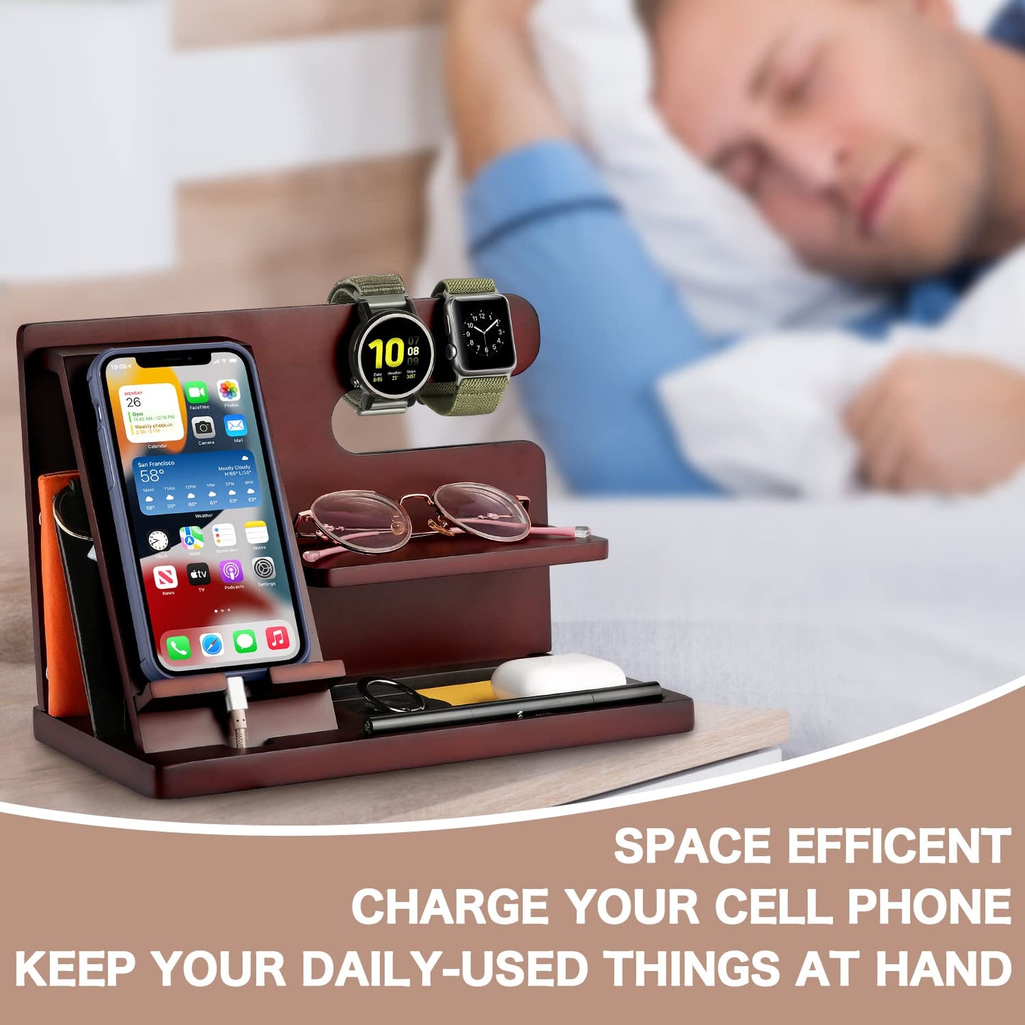 OUTXE Wood Phone Docking Station, Men Gifts Nightstand Organizer for Phone, Keys, Wallet, Glasses, Gifts for Dad's Birthday, Christmas, Father's Day, Anniversary